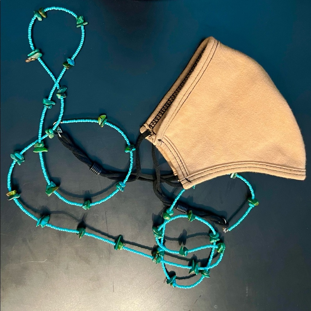 Turquoise & stone handmade extra long mask chain & skin color (nude) color mask